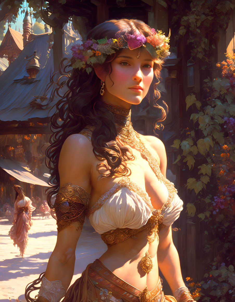 Fantasy-style woman with flower crown in sunlit woodland