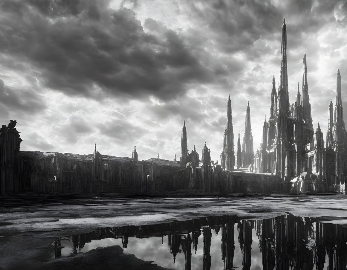 Monochrome gothic landscape with towering spires and reflections.
