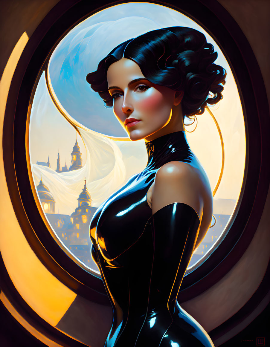 Illustrated woman in black outfit with dramatic hairstyle against fantasy castle backdrop