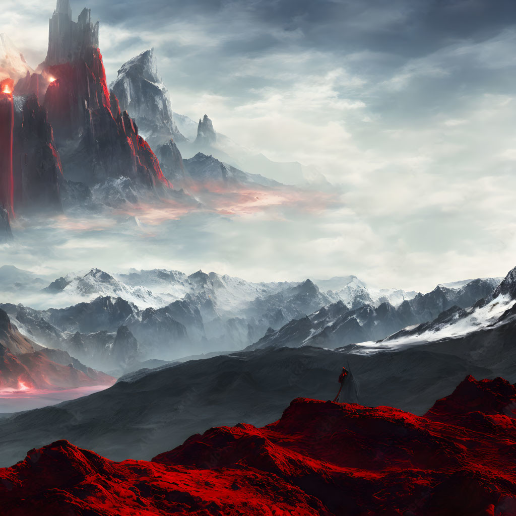 Dramatic landscape with lone figure and molten lava flows