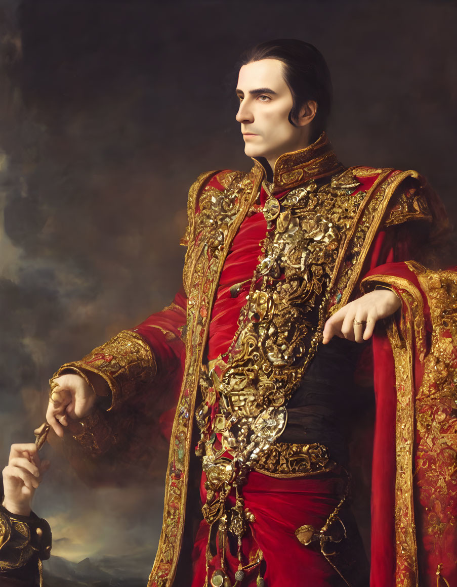 Regal man in red and gold uniform with medals, commanding presence