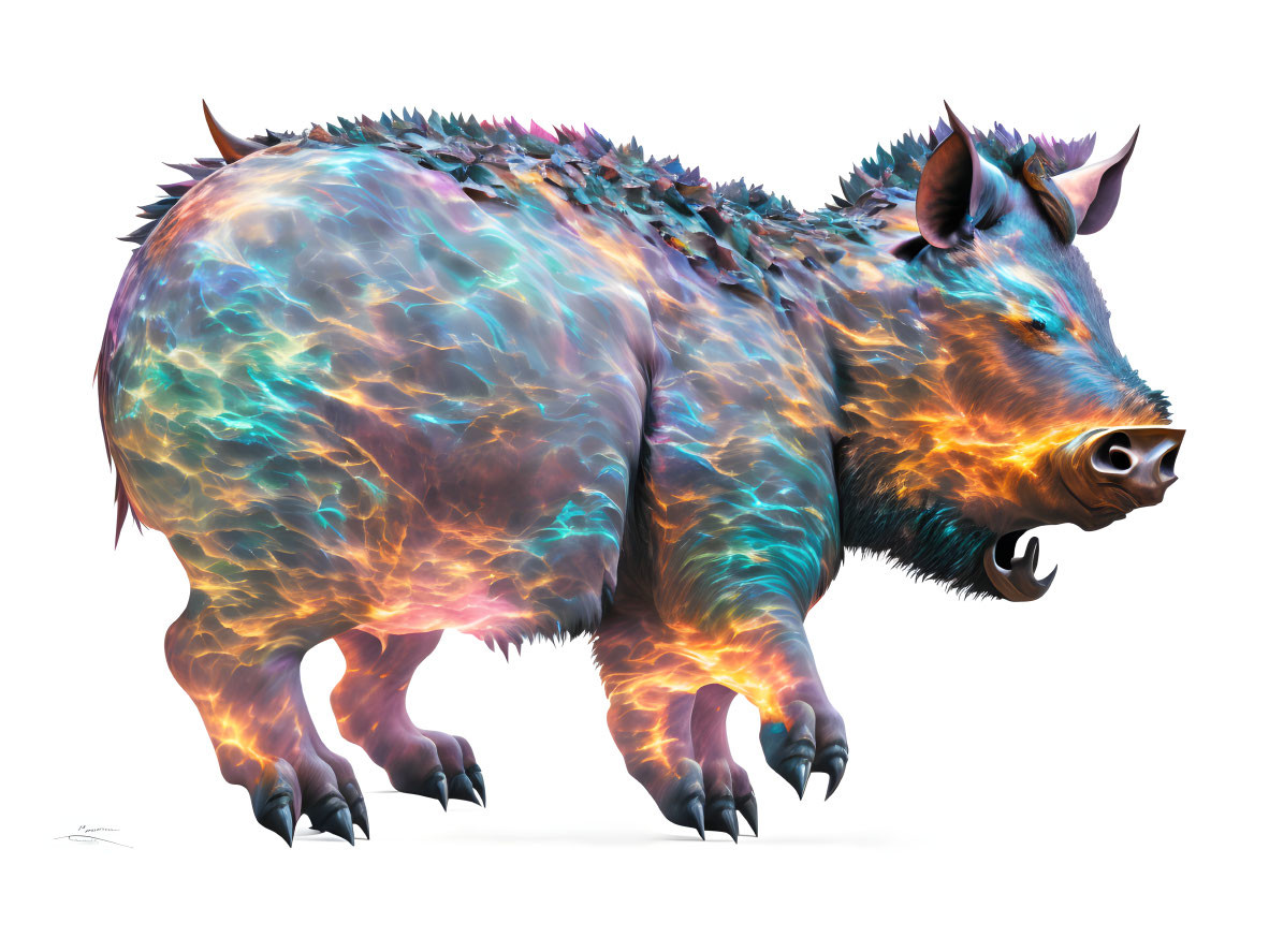 Colorful Iridescent Wild Boar with Spiky Fur on White Background