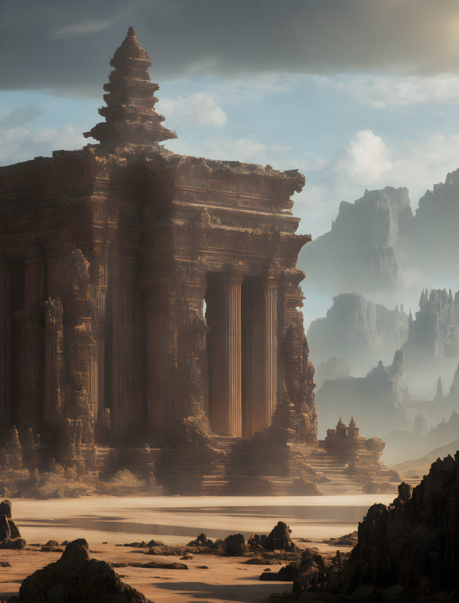 Ancient temple ruins with towering columns in desert landscape