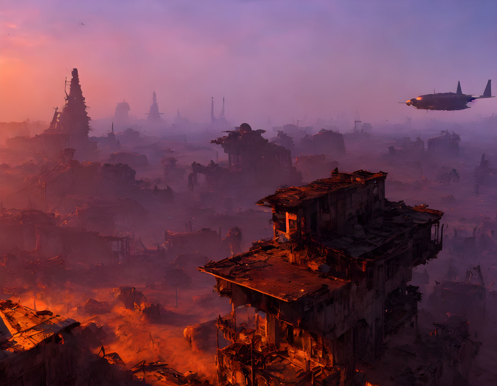 Dystopian landscape at dusk with derelict buildings and airships in orange haze