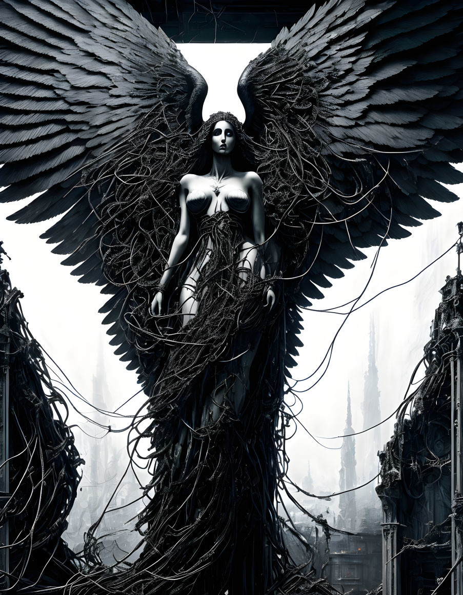 Winged angel statue with dark feathers in gothic setting