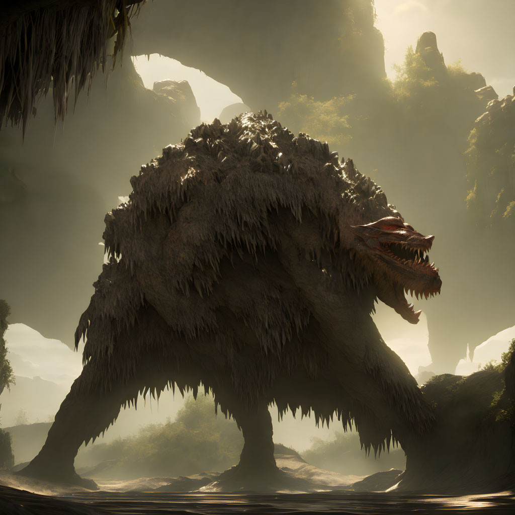 Large shaggy reptilian creature with sharp teeth in sunlit forest clearing