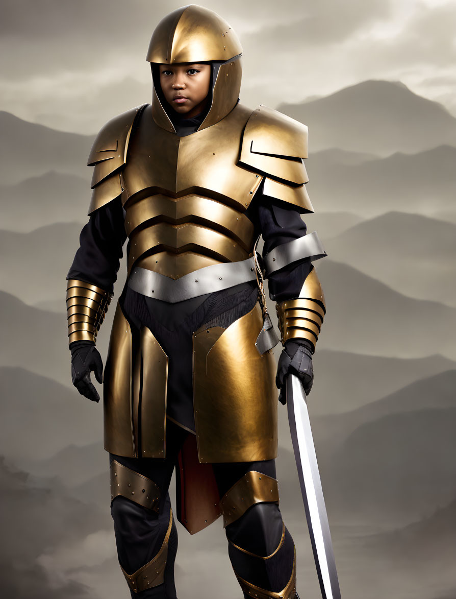 Elaborate Gold and Black Medieval Armor with Sword in Misty Mountain Setting