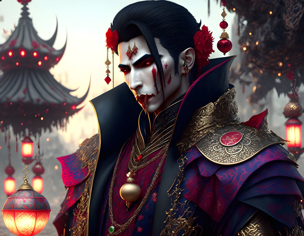 Illustration of a male vampire in ornate attire against Asian pagoda and lanterns