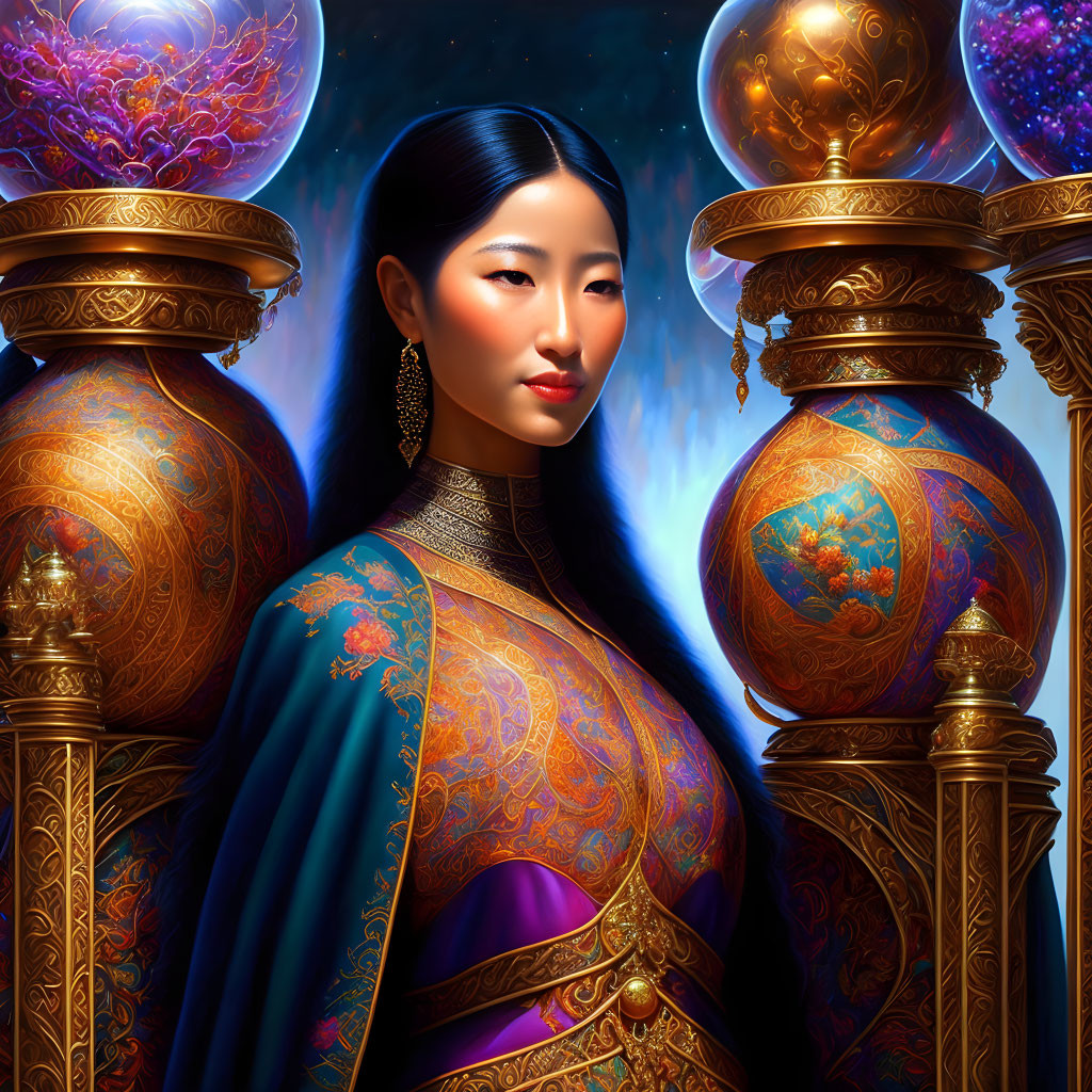 Traditional Asian Attire Woman with Cosmic Visuals