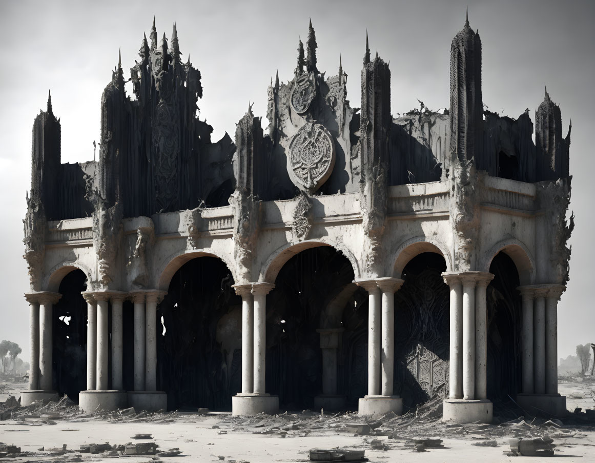 Desolate Gothic structure with arches and ornate decorations in gloomy landscape