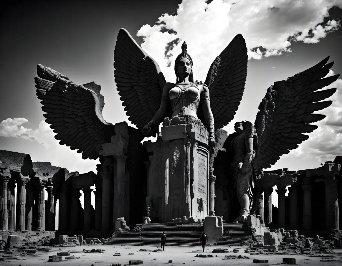 Gigantic winged female statue in ruins under cloudy sky