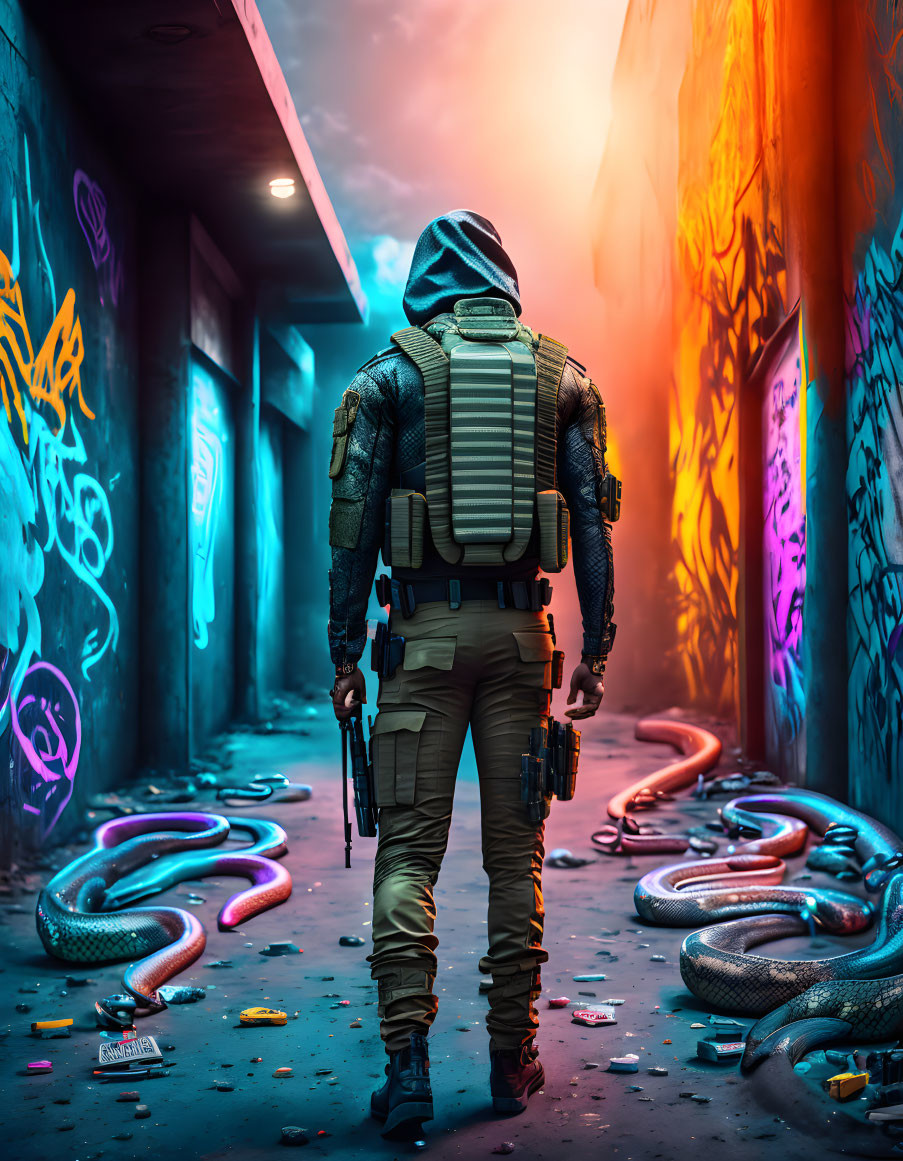 Person in tactical gear in neon-lit alley with glowing serpents - Cyberpunk scene