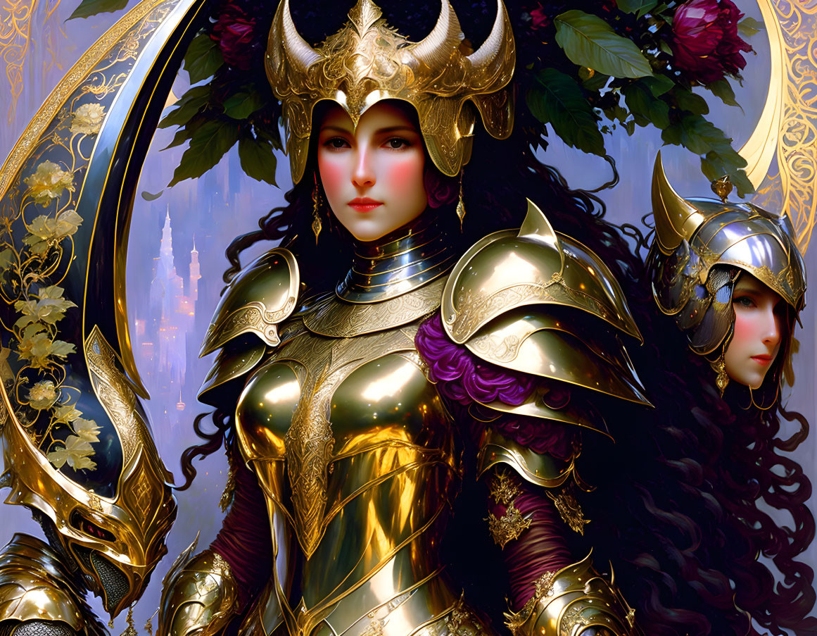 Detailed Illustration: Woman in Ornate Golden Armor with Flowing Hair and Serene Expression