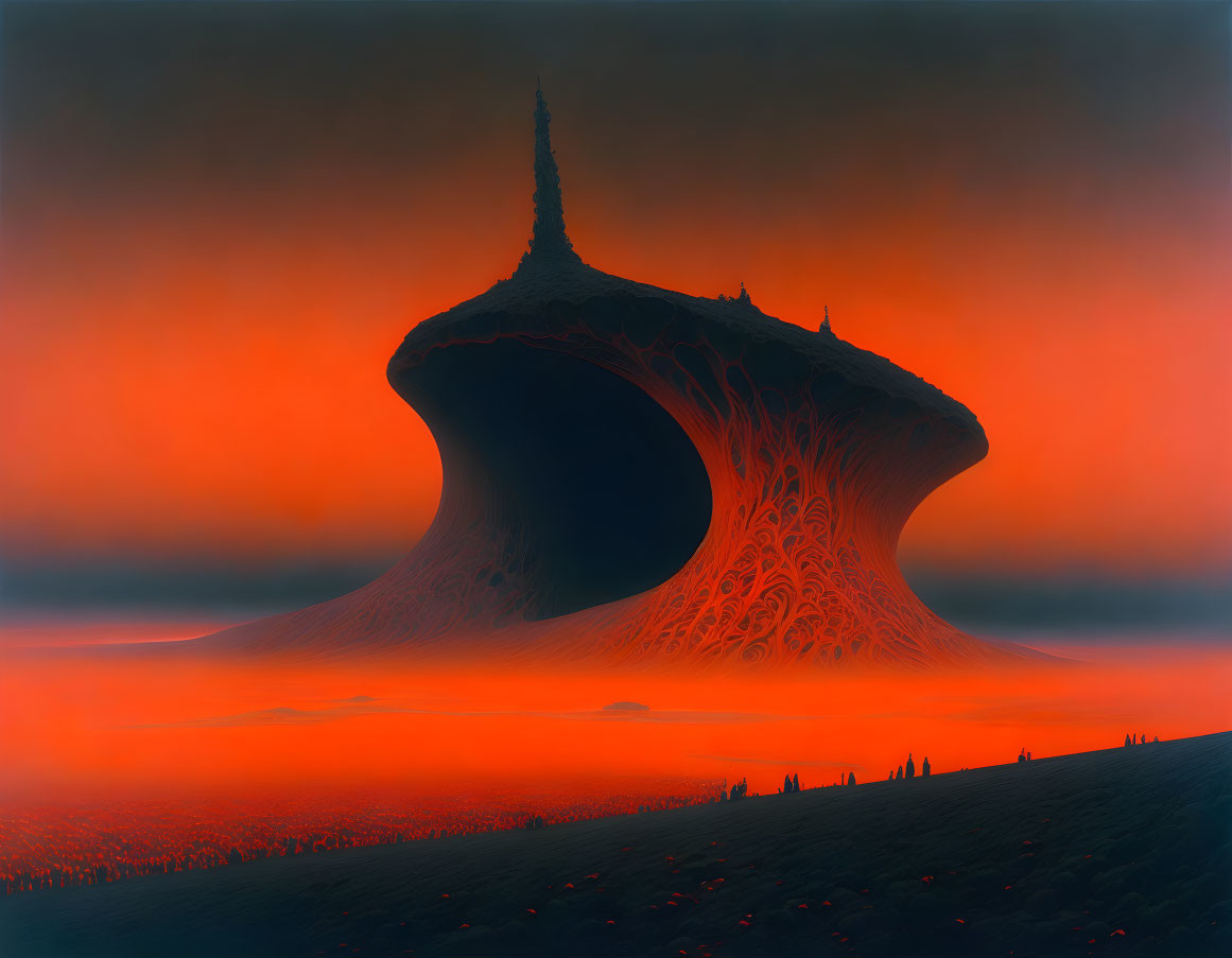 Surreal landscape with alien-like structure under red sky