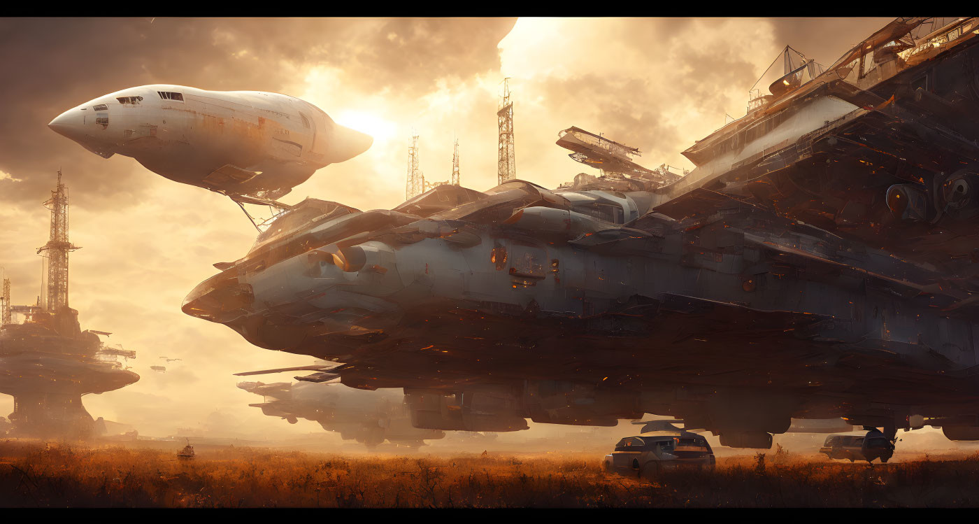 Dilapidated spaceship over desolate landscape with scattered vehicles under sunlight