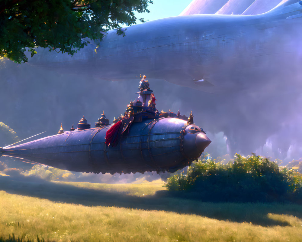 Ornate airship lands in grassy field with mysterious structures in hazy atmosphere