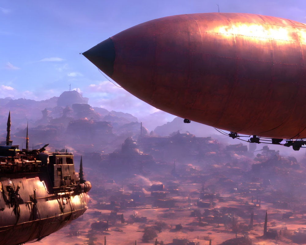 Large dirigible over desert landscape with mountains: advanced technology meets barren nature.