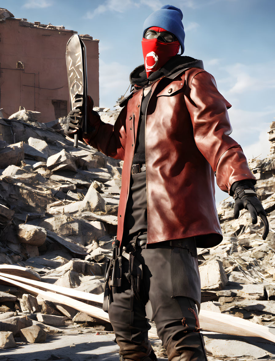 Person in red mask with sword in ruins under clear sky