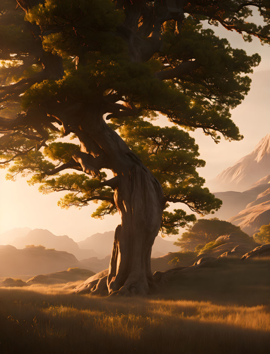 Majestic tree at sunset with twisted trunk on grassy plain and mountains in warm light