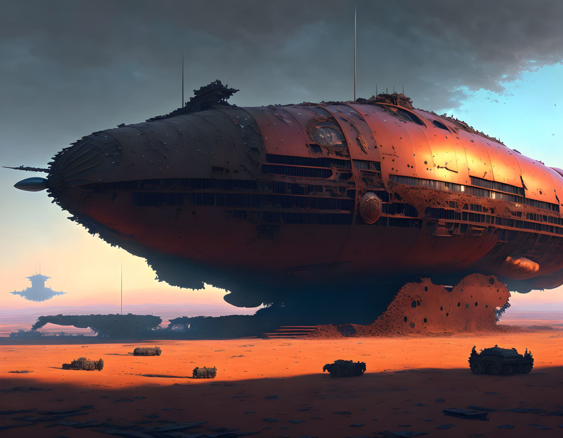 Enormous rusty spaceship above desert landscape at sunset