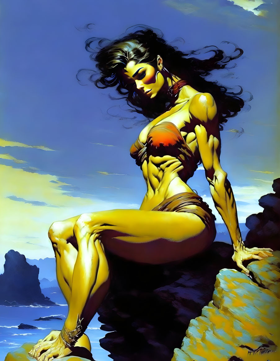 Illustration of female character in bikini on rock by sea and sky