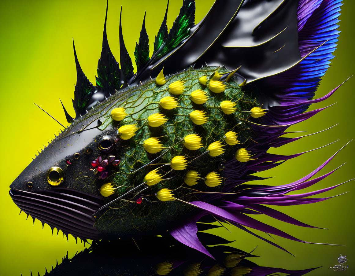 Colorful digital artwork: Fantastical fish with plant, feather, and scale elements on lime green