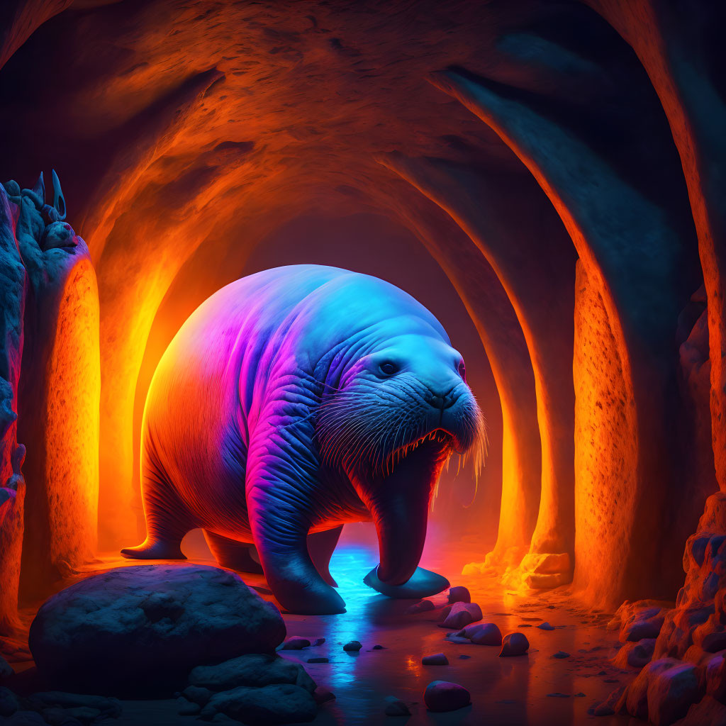 Glowing walrus in fantasy cave with neon blue and orange hues