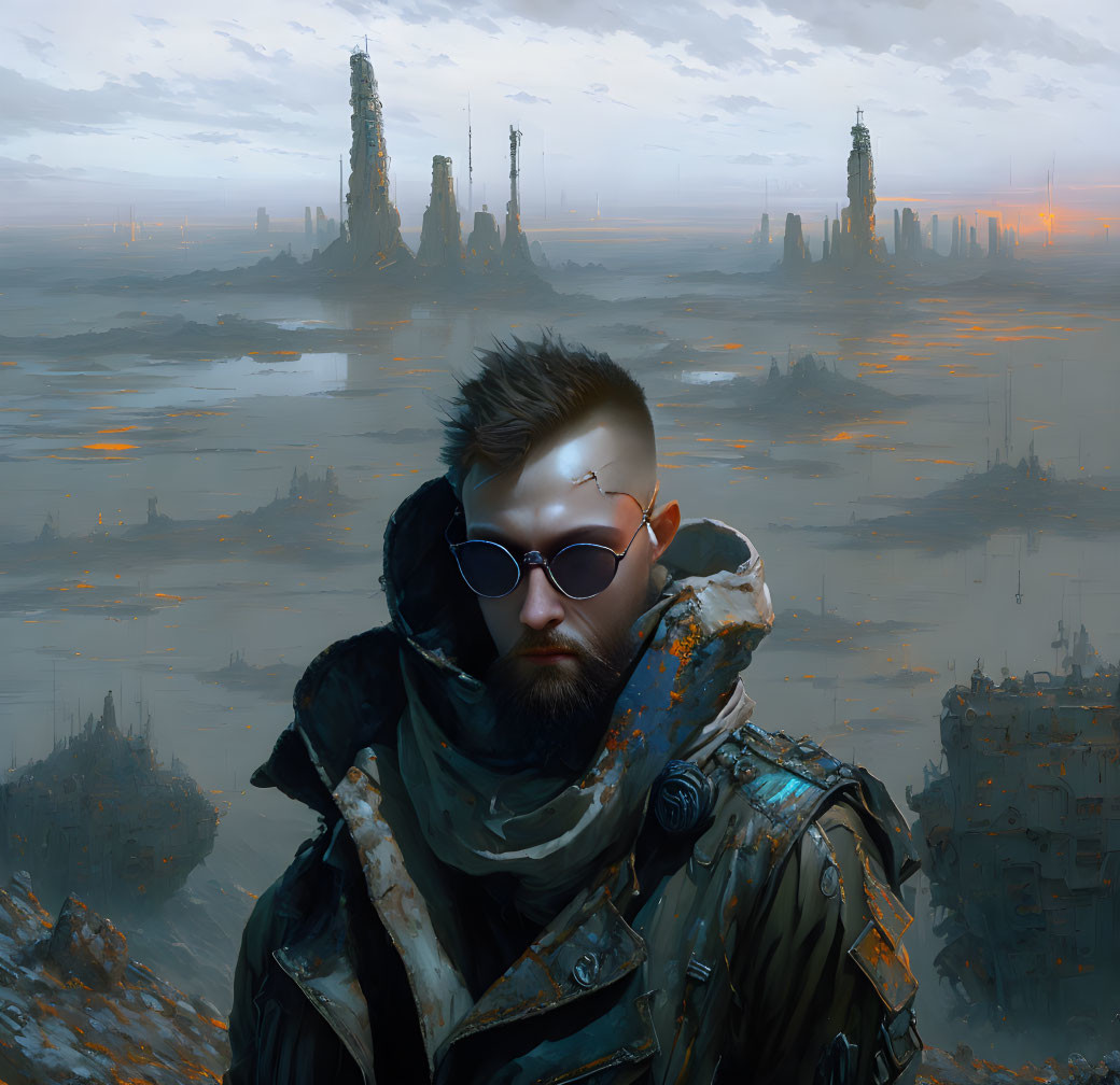 Bearded man in sunglasses and jacket against dystopian skyline