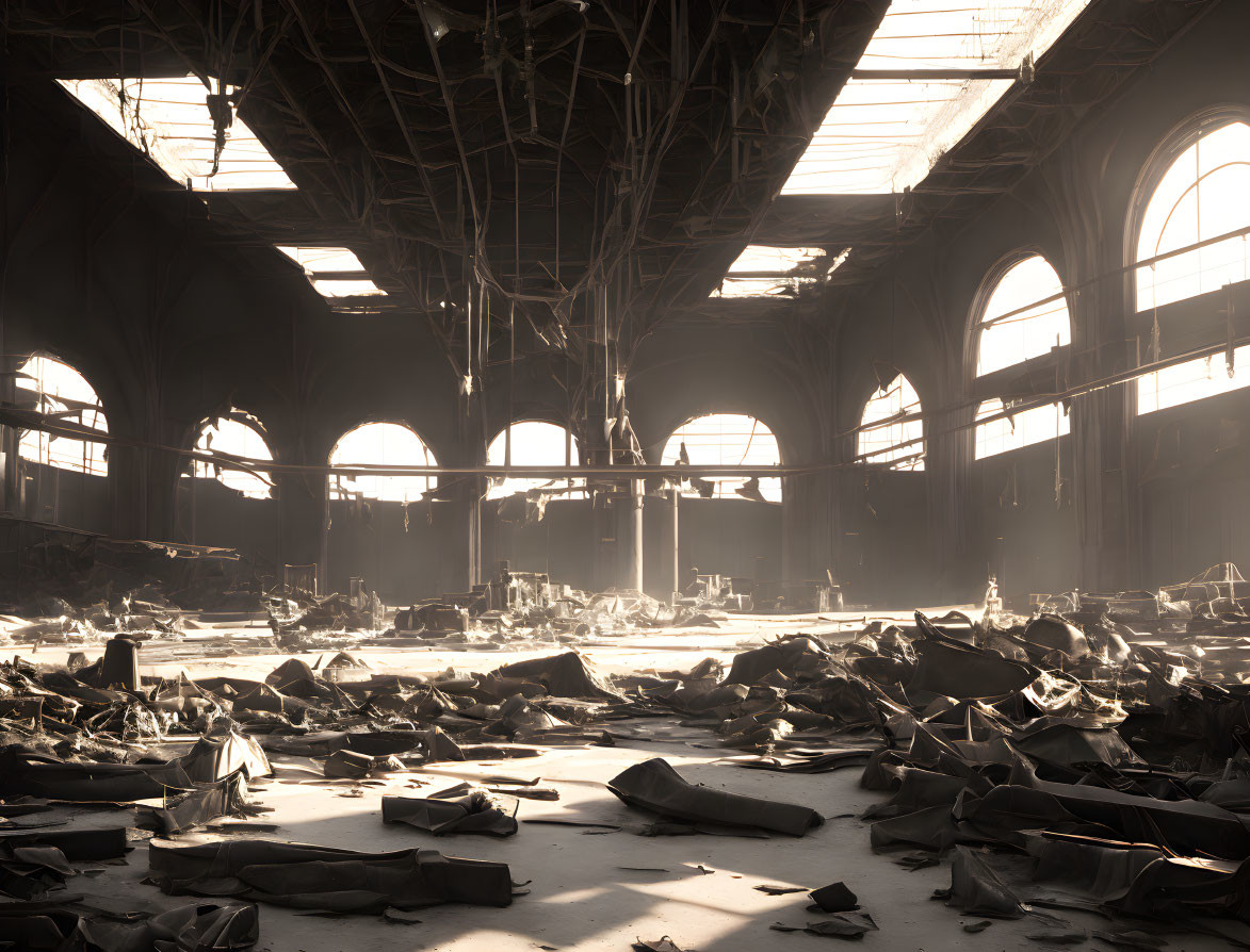 Abandoned hall with sunlight through arched windows