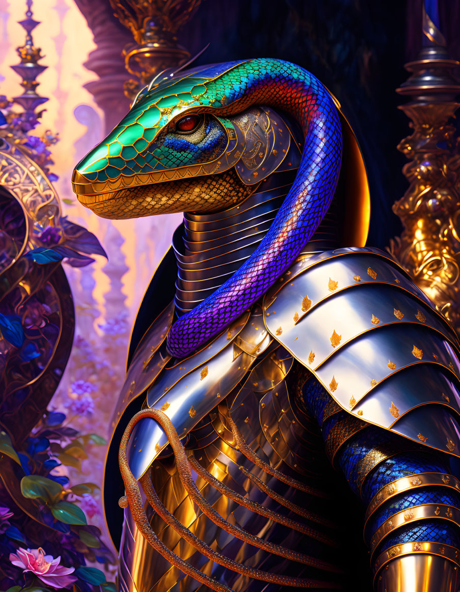Detailed anthropomorphic snake warrior in golden armor against magical forest.