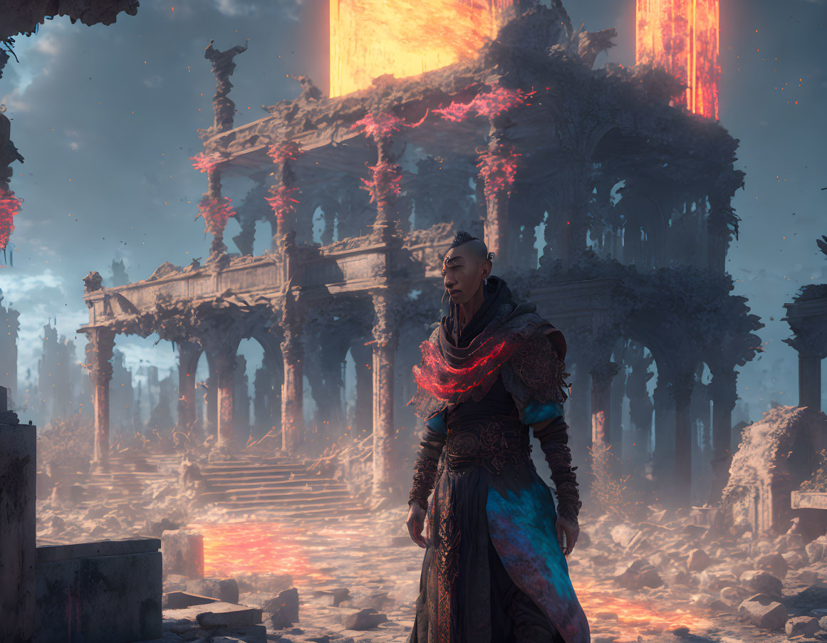 Person in ornate clothing against fiery ruins backdrop