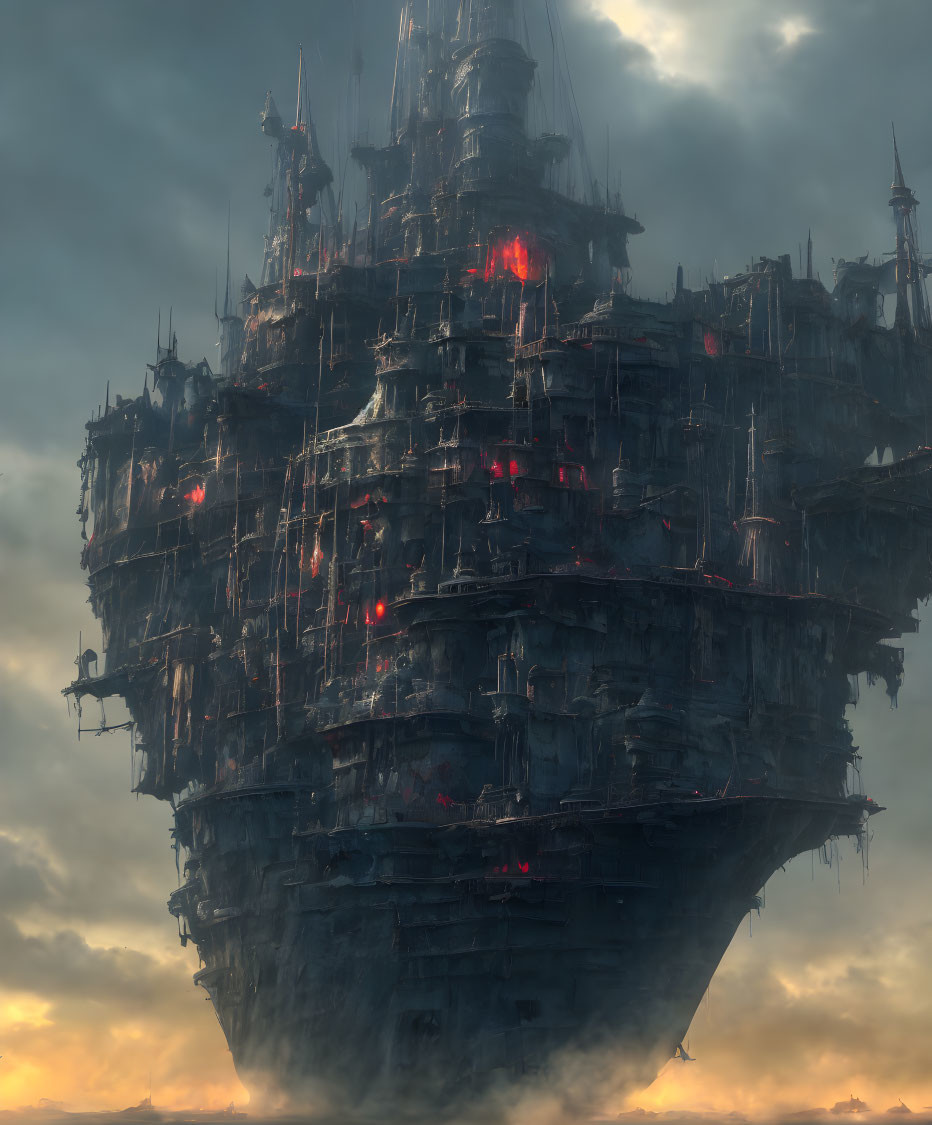Dark floating structure with towers and red lights in ominous setting