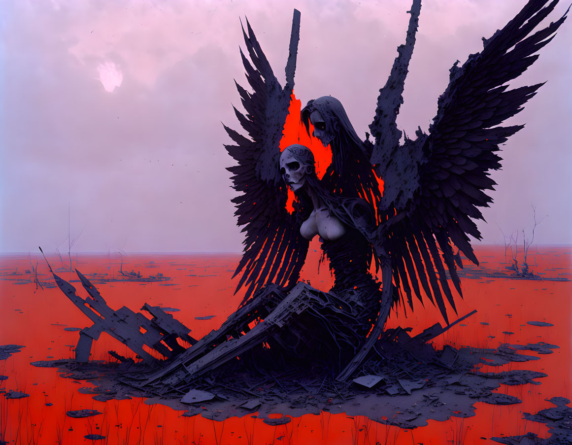 Skeletal figure with black wings in red landscape surrounded by destruction
