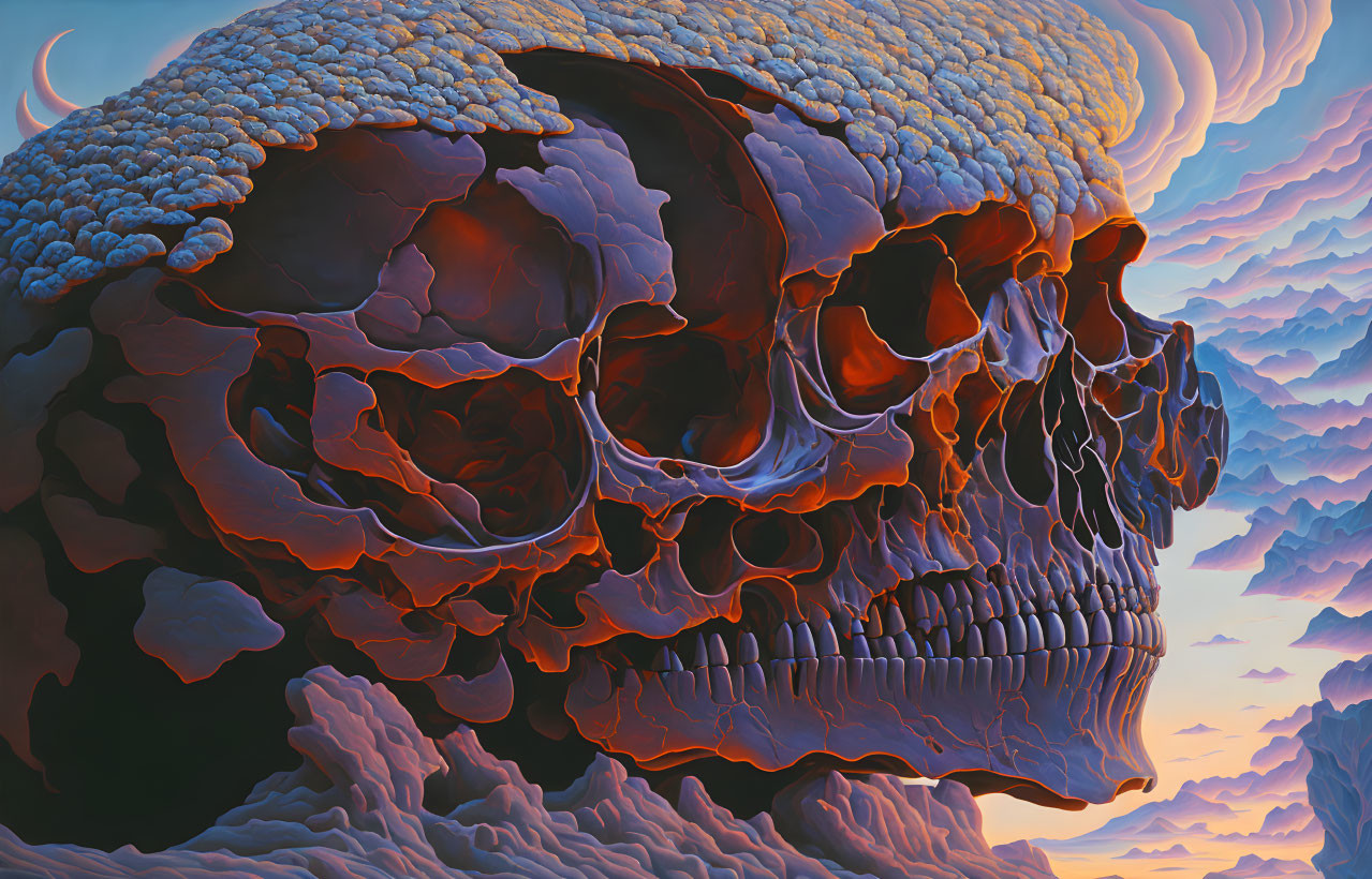 Large textured skull in surreal orange and blue clouds with crescent moon