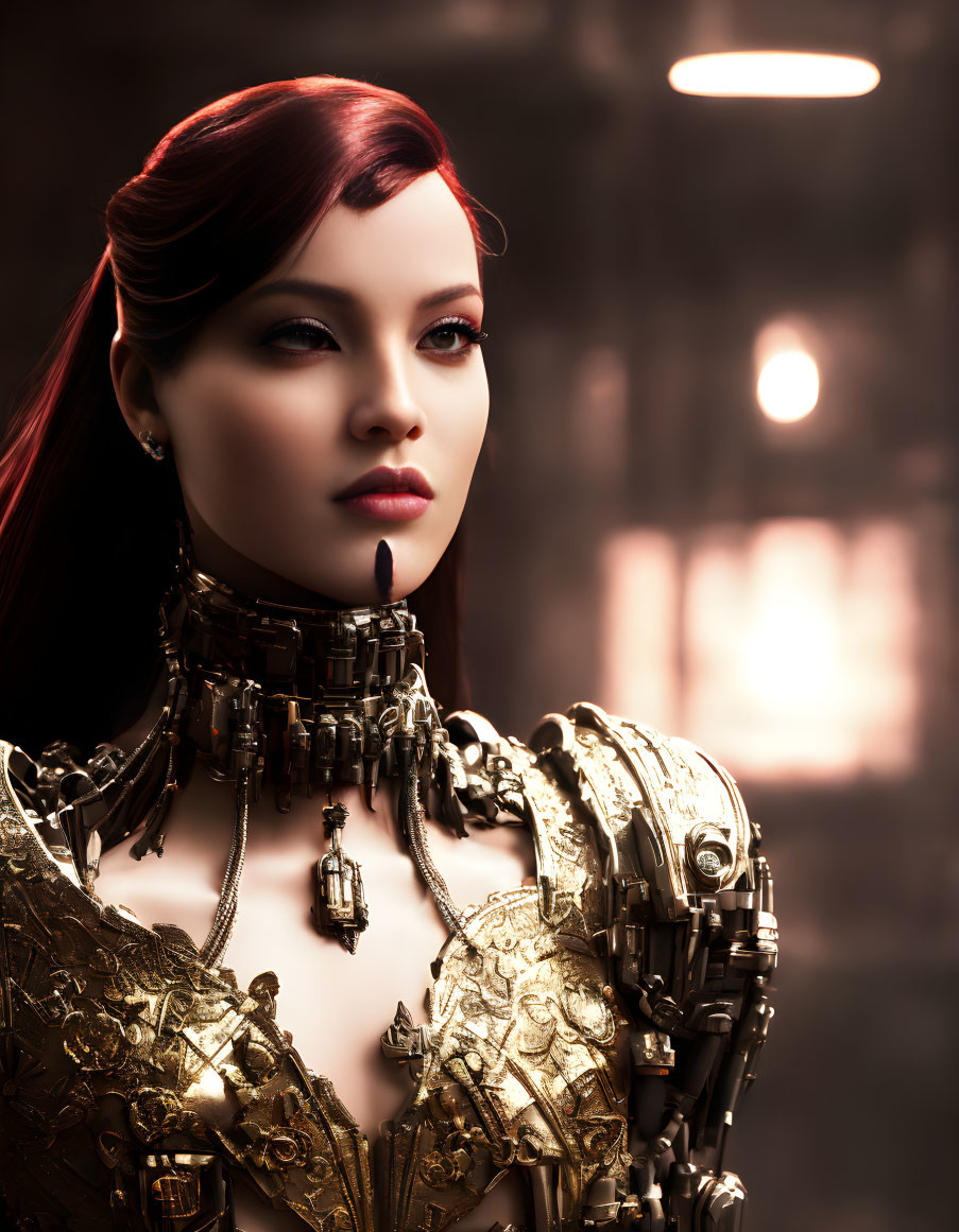 Female android with gold mechanical parts and red hair in dimly lit setting