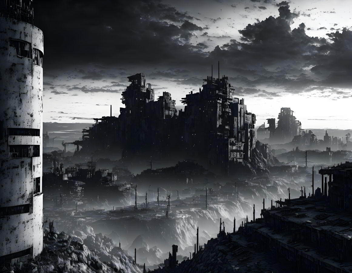 Monochrome dystopian cityscape with towering structures in fog-covered wasteland