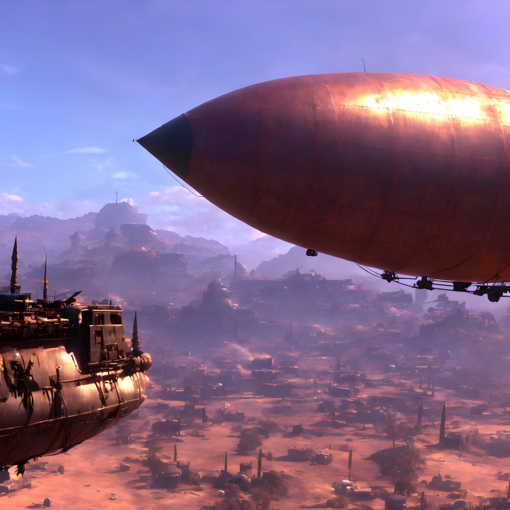 Large dirigible over desert landscape with mountains: advanced technology meets barren nature.