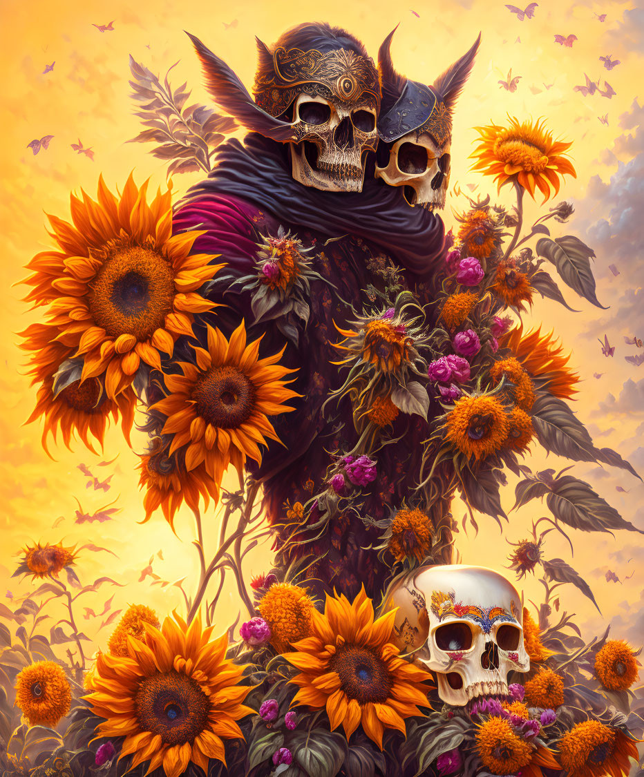Skull-faced figure with bull's skull helmet in sunflower field