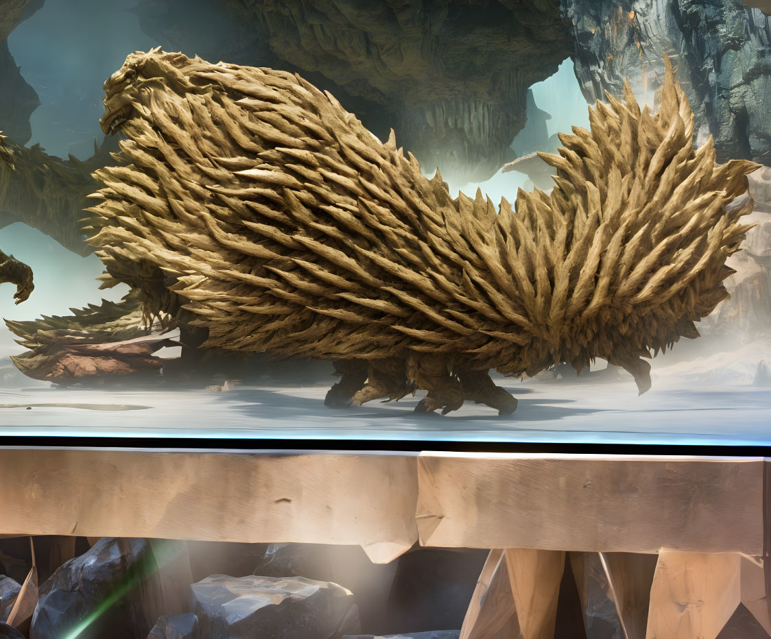 Large Furry Mythical Creature with Spiky Roots in Captivity Behind Transparent Barrier