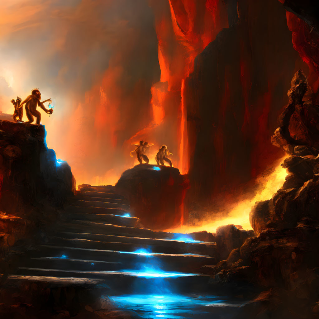Silhouetted figures on stairway in fiery landscape with blue lights