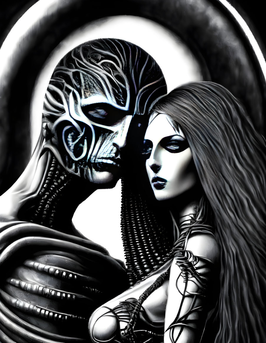 The couple is depicted in the style of Hans Giger