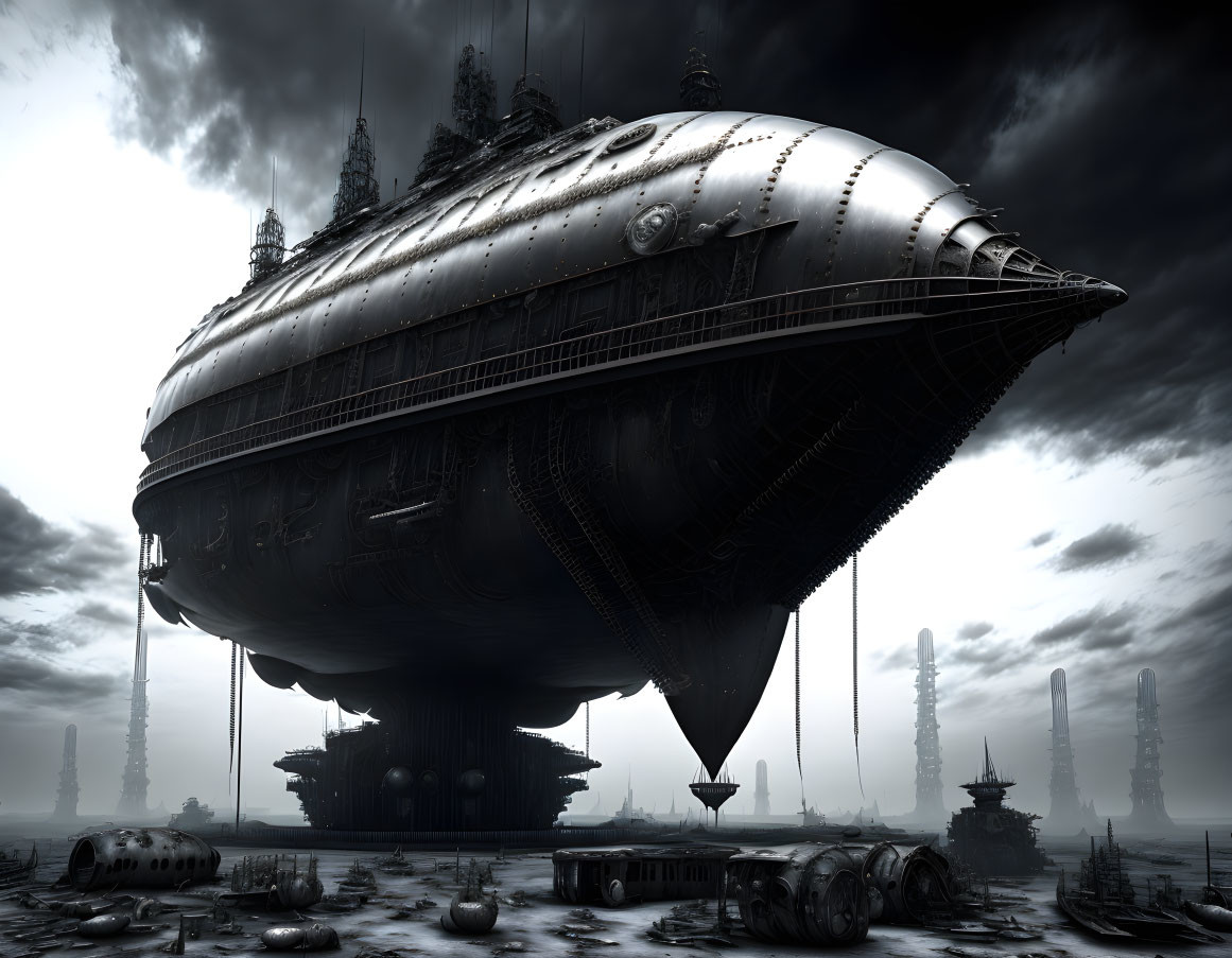 Monolithic airship in dystopian sky over desolate industrial landscape