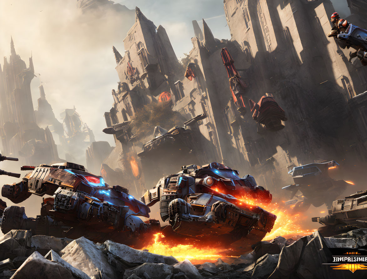 Futuristic armored vehicles clash in battlefield with exploding debris and towering ruins under hazy sky