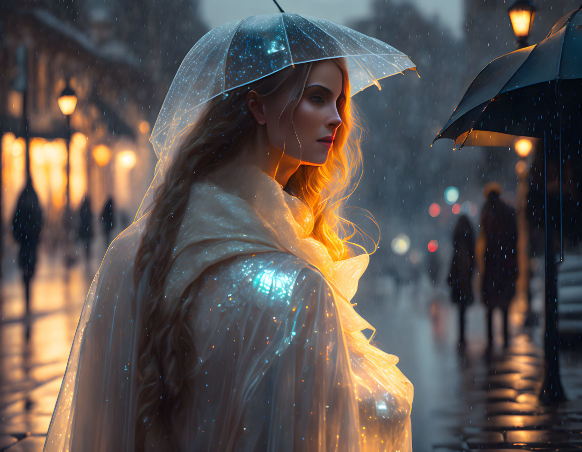 Woman with transparent umbrella on rainy city street at night