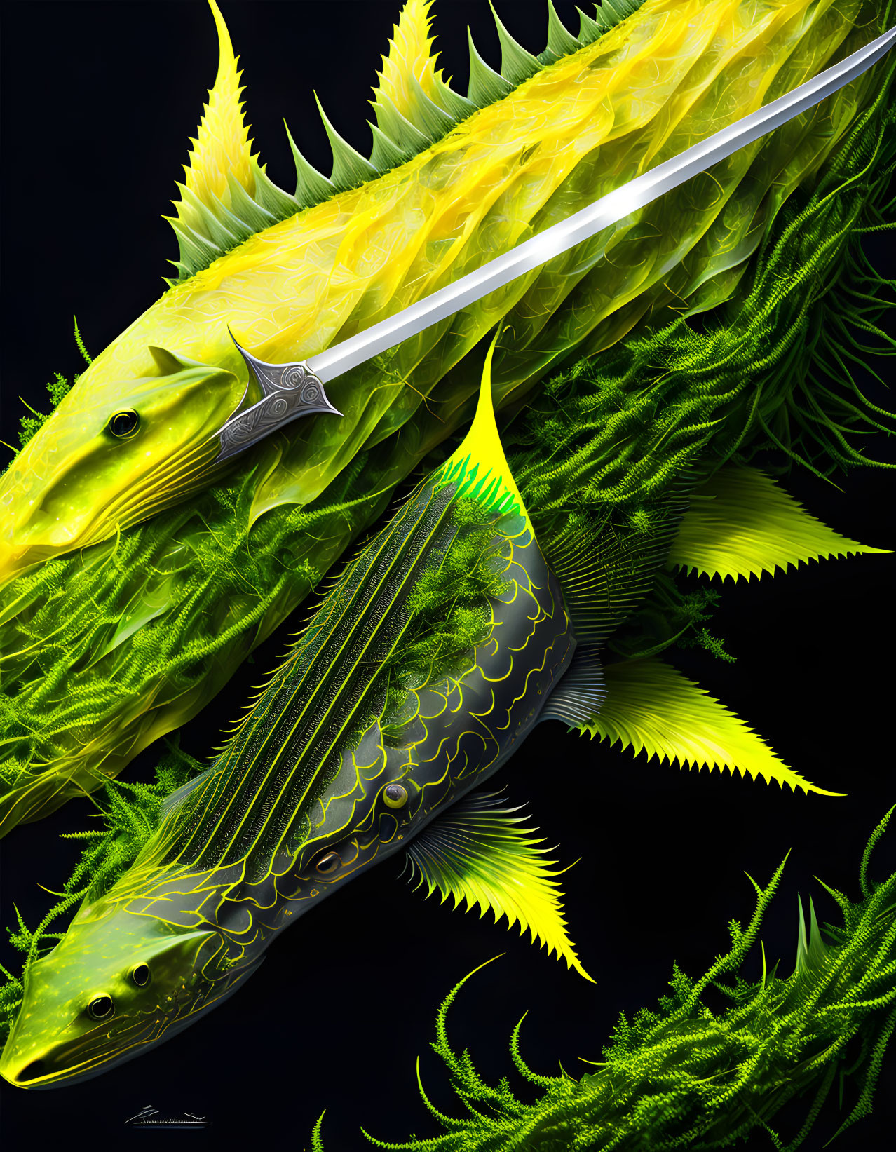 Colorful conceptual artwork: Two stylized fish with intricate patterns and vibrant fins on dark backdrop