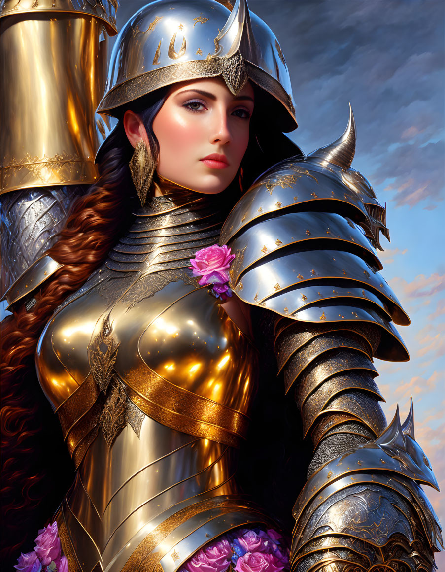 Golden-armored woman with rose-adorned helmet and red hair gazing into the distance