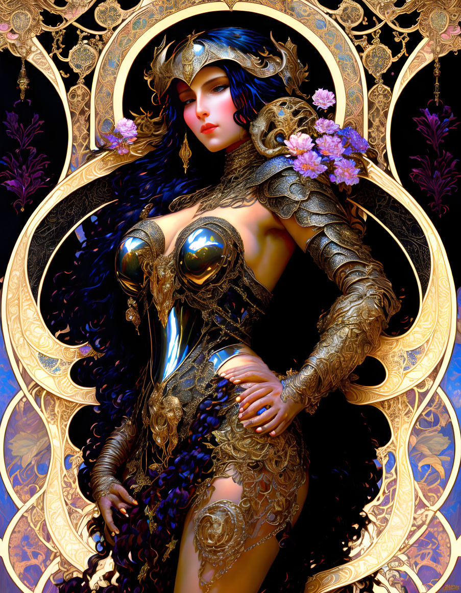 Illustrated woman in ornate golden armor with art-nouveau motifs and vibrant flowers on black and
