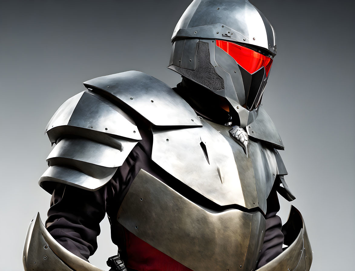 Modernized knight armor with red visor on gray background