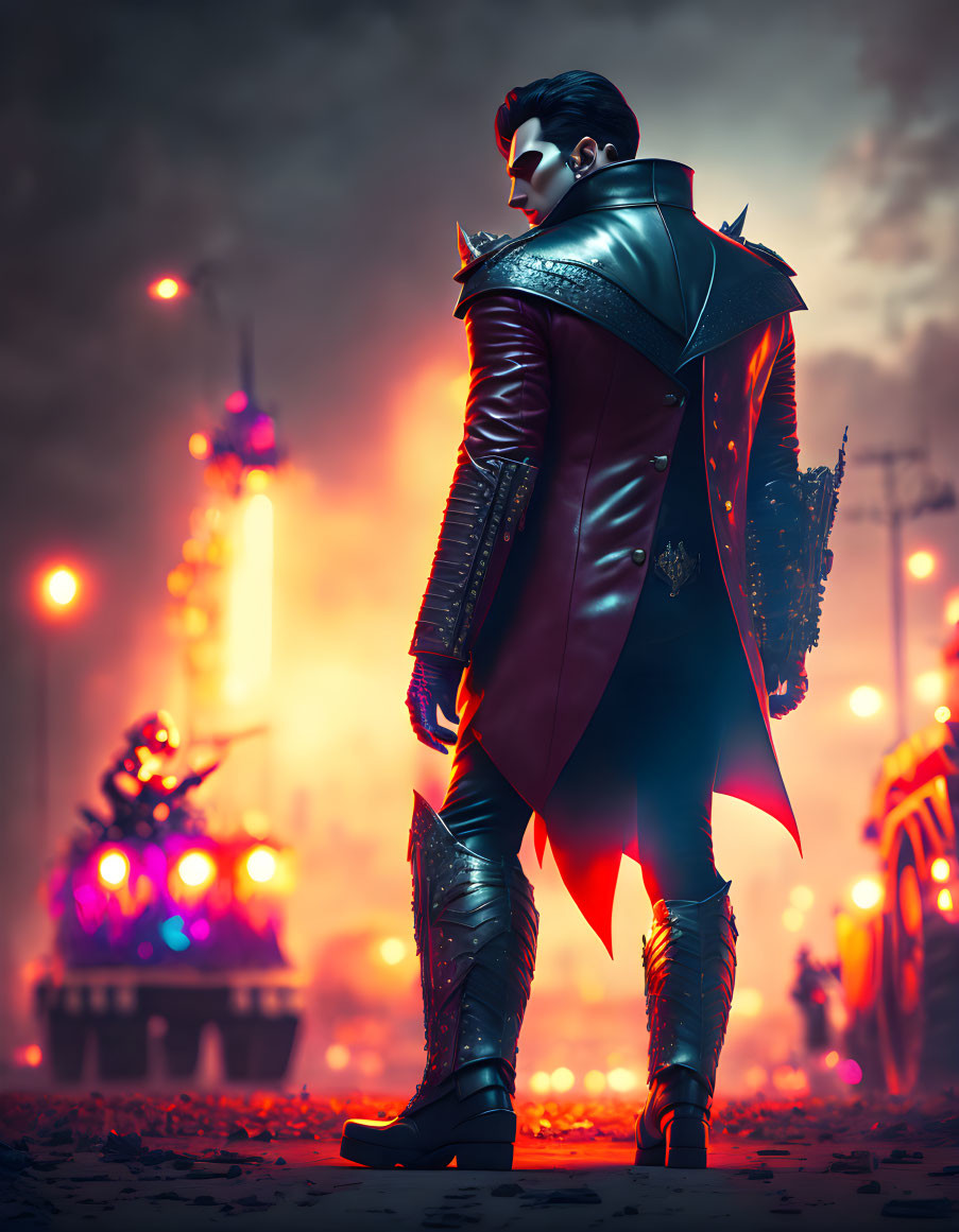 Futuristic armored figure in red cape in smoke-filled cityscape