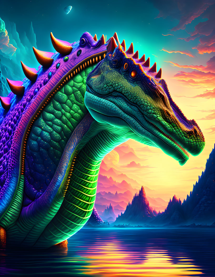 Majestic colorful dragon in surreal neon landscape